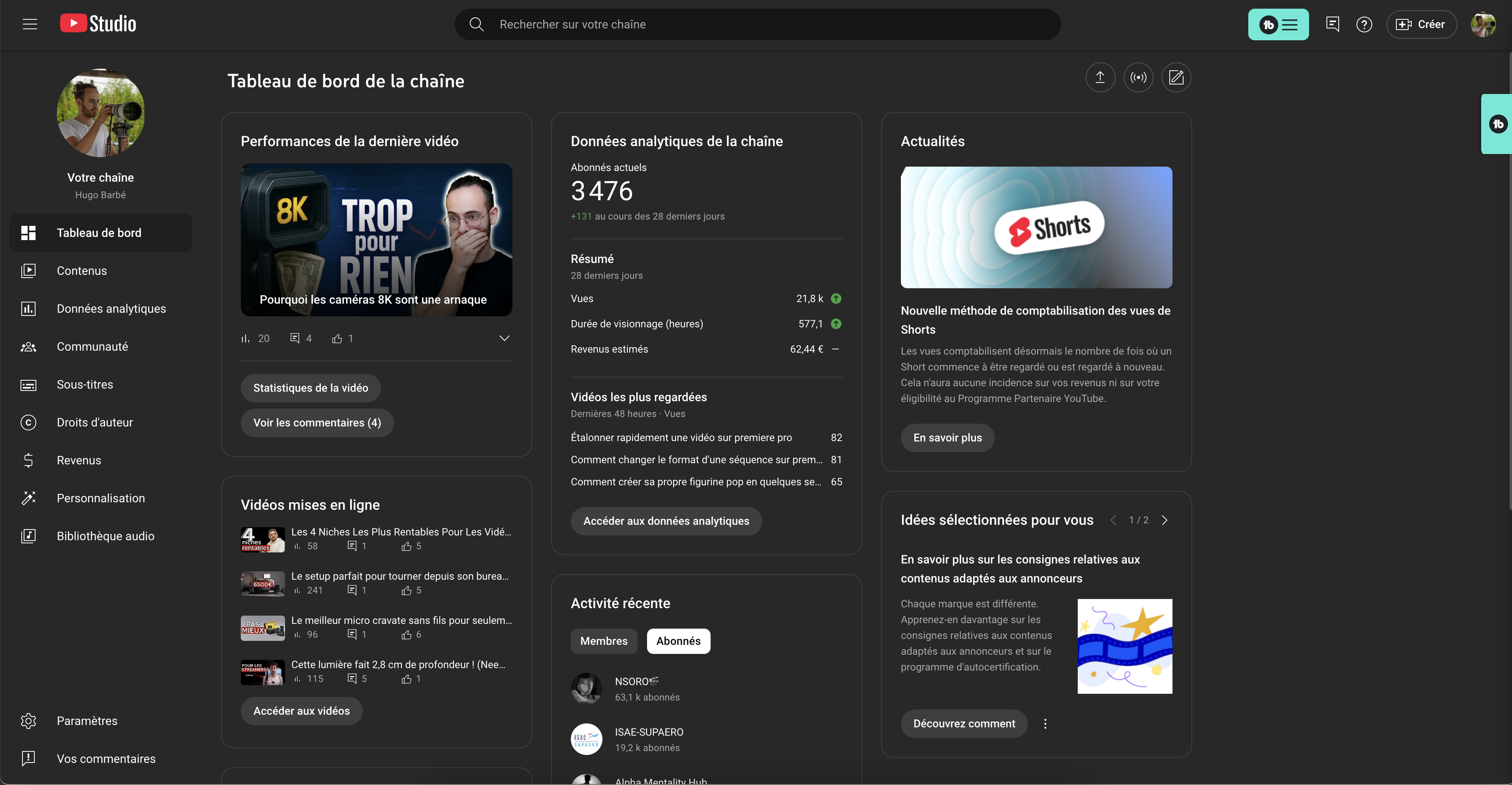 Ma "petite" chaîne YouTube"  PS : Elle me rapporte +1000€/mois